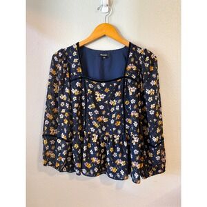 Madewell Floral Peplum Top Women Small Navy Blue Velvet Trim Square Neck Chiffon